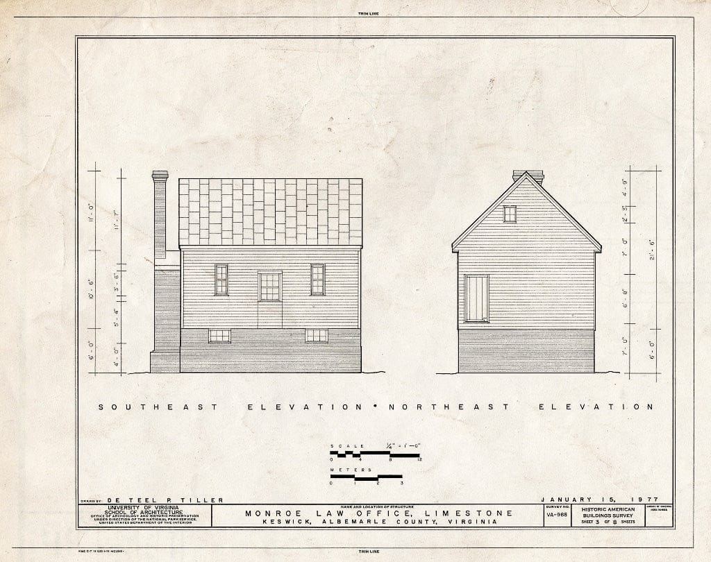 Blueprint Northeast and Southeast elevations - Monroe Law Office, Limestone Plantation, Virginia Route 250, Keswick, Albemarle County, VA