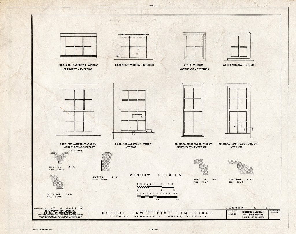 Blueprint Window Details - Monroe Law Office, Limestone Plantation, Virginia Route 250, Keswick, Albemarle County, VA