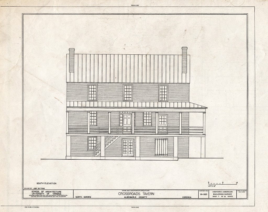 Blueprint South Elevation - Crossroads Tavern, State Route 692, North Garden, Albemarle County, VA