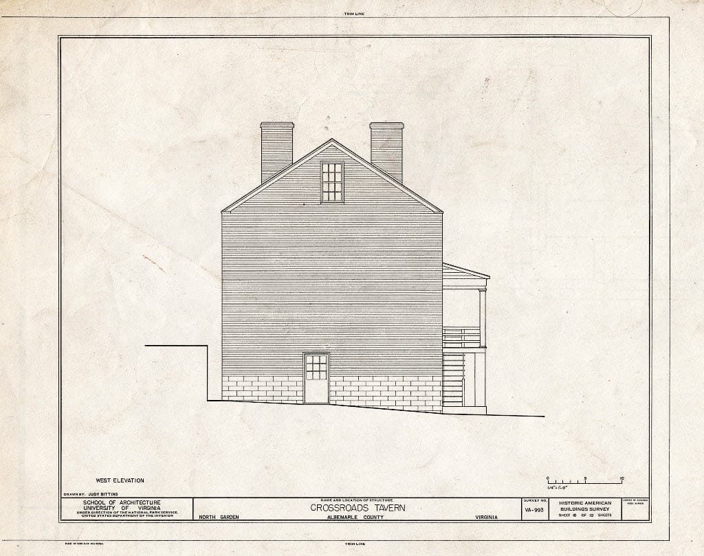 Blueprint West Elevation - Crossroads Tavern, State Route 692, North Garden, Albemarle County, VA