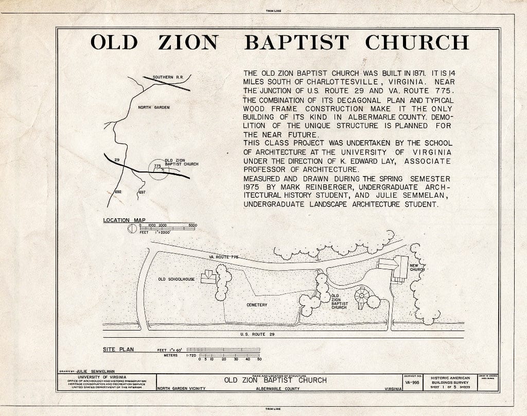 Blueprint Location map, site Place, Statement of Significance - Old Zion Baptist Church, U.S. Route 29, North Garden, Albemarle County, VA