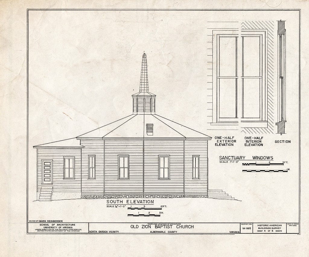 Blueprint South Elevation and Detail of Sanctuary Windows - Old Zion Baptist Church, U.S. Route 29, North Garden, Albemarle County, VA