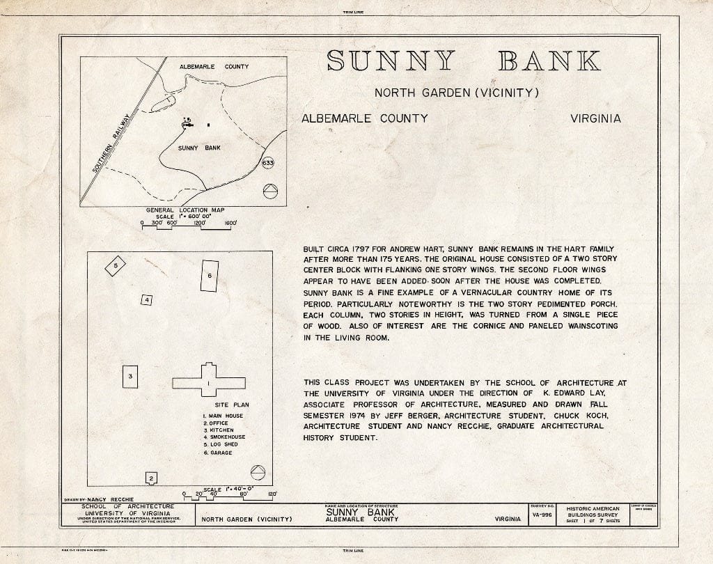 Blueprint Location map, site Plan, and Statement of Significance - Sunny Bank, State Route 712 Vicinity, North Garden, Albemarle County, VA