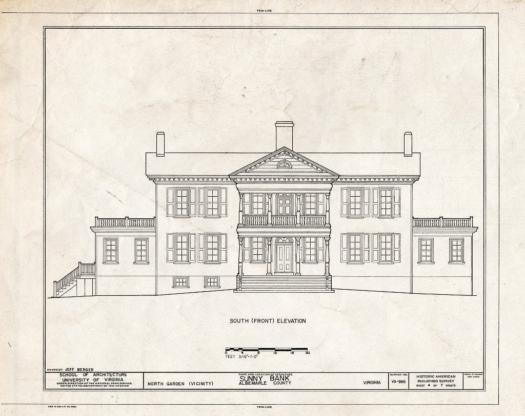 Blueprint South (Front) Elevation - Sunny Bank, State Route 712 Vicinity, North Garden, Albemarle County, VA