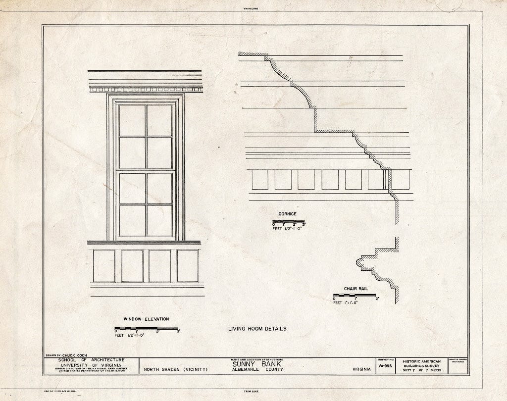 Blueprint Living Room Details Including Window Elevation, Cornice, Chair Rail - Sunny Bank, State Route 712 Vicinity, North Garden, Albemarle County, VA