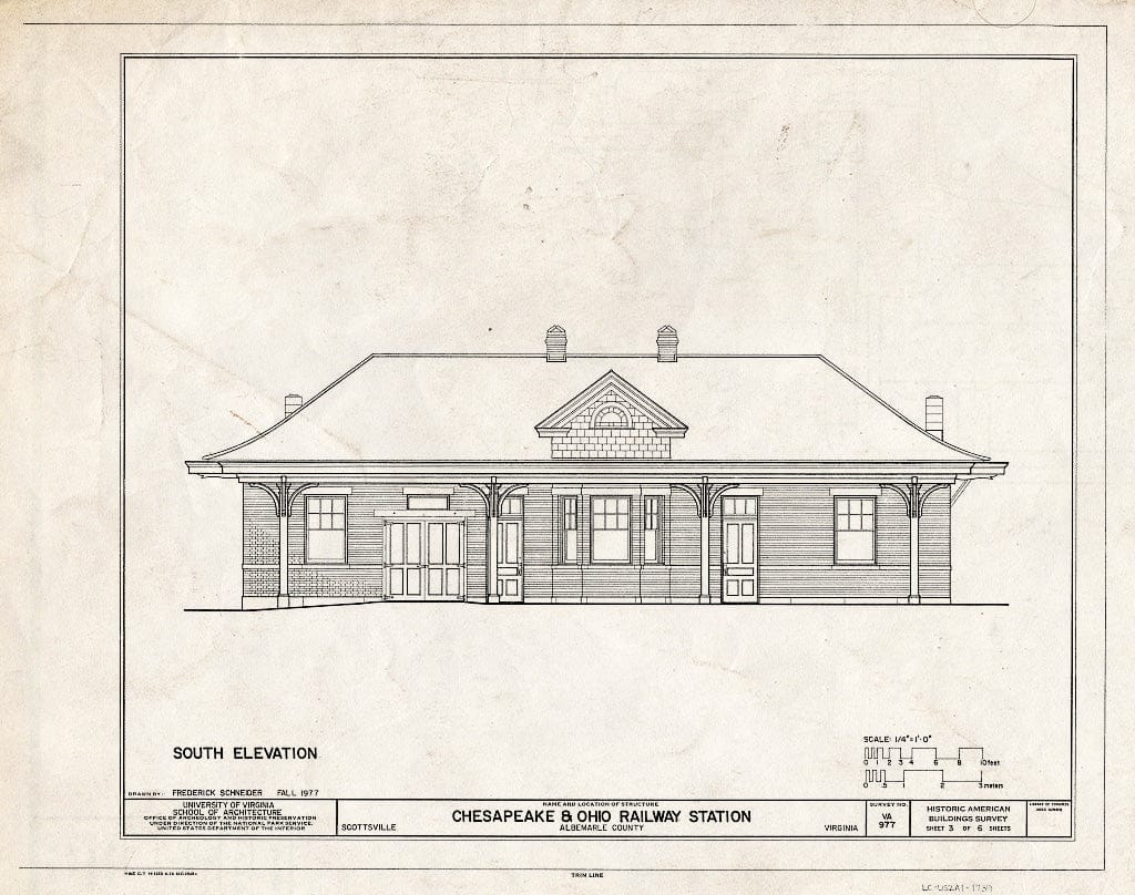 Blueprint South Elevation - Chesapeake & Ohio Railway Station, Main Street Between Union & Ferry Streets, Scottsville, Albemarle County, VA