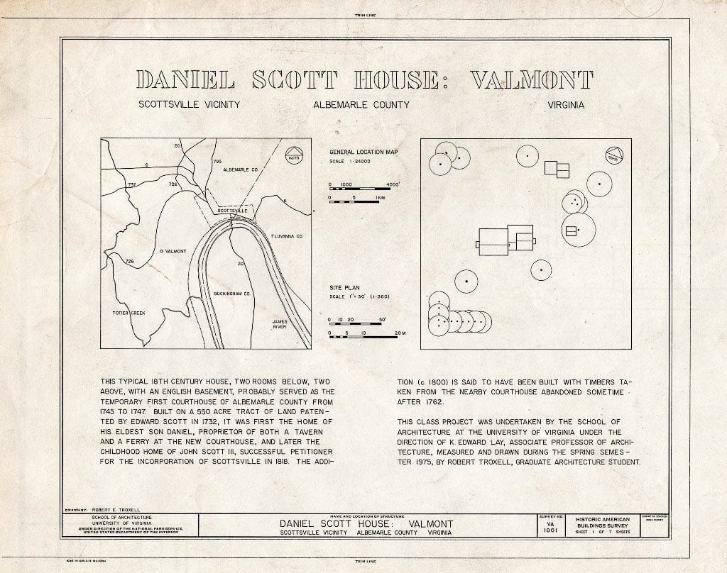 Blueprint HABS VA,2-Scots.V,1- (Sheet 1 of 7) - Daniel Scott House, Warren Road, Route 726, Scottsville, Albemarle County, VA