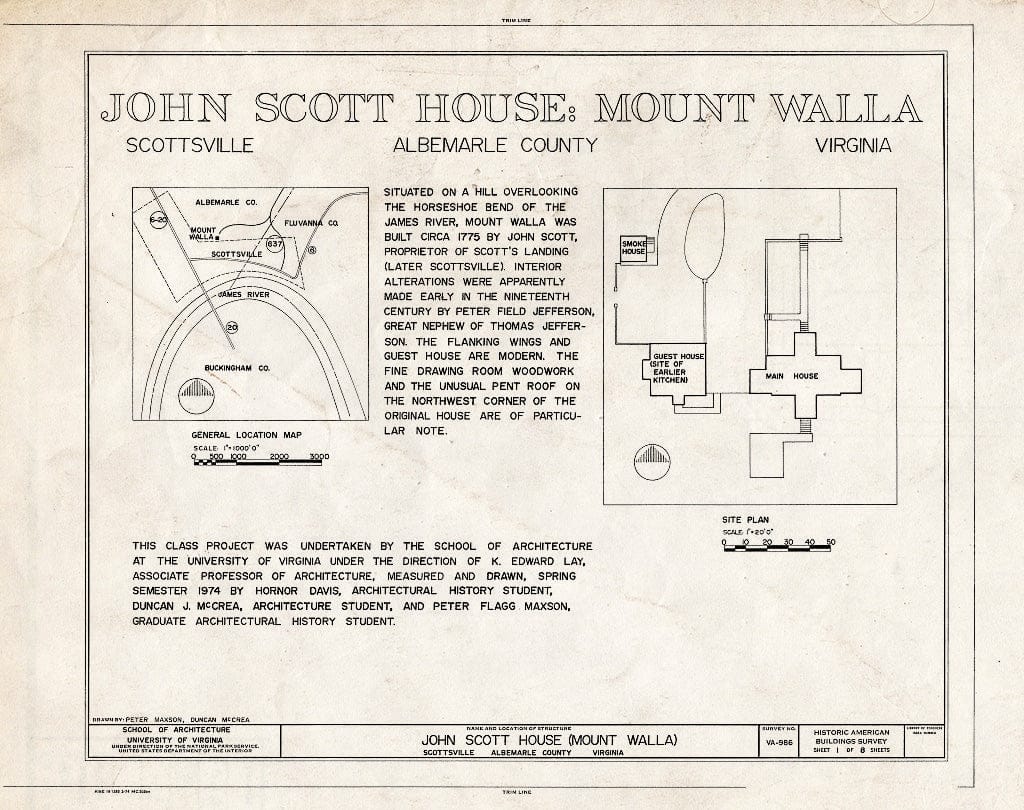 Blueprint Location map, site Plan, and Statement of Significance - John Scott House, Jackson Street, Scottsville, Albemarle County, VA