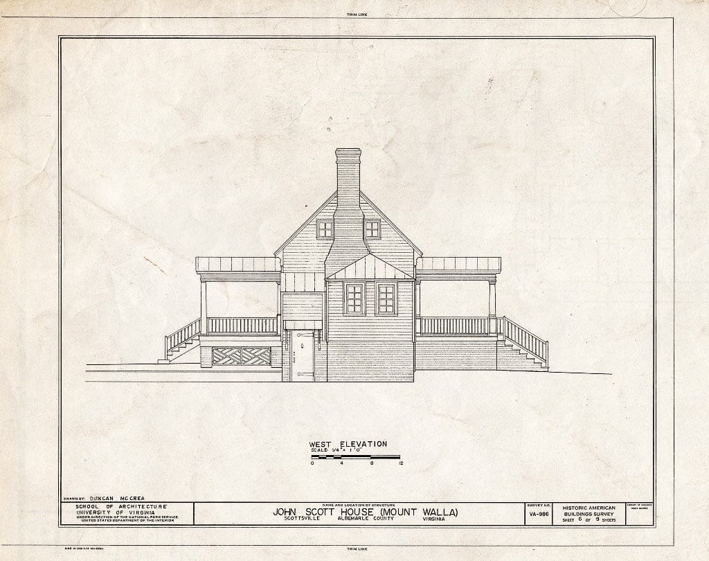 Blueprint West Elevation - John Scott House, Jackson Street, Scottsville, Albemarle County, VA