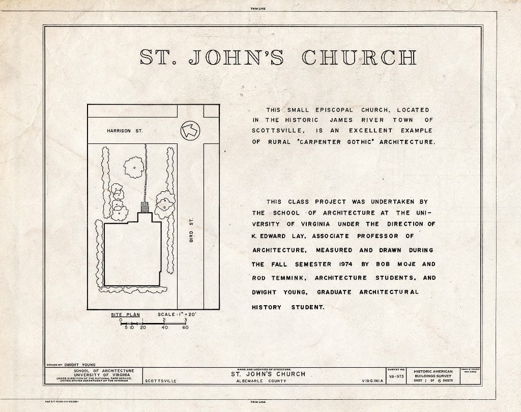 Blueprint Site Plan and Statement of Significance - St. John's Church (Episcopal), Harrison & Bird Streets, Scottsville, Albemarle County, VA