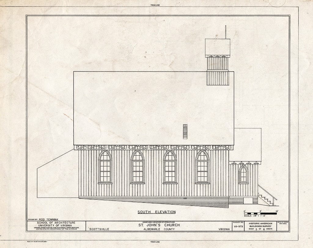 Blueprint South Elevation - St. John's Church (Episcopal), Harrison & Bird Streets, Scottsville, Albemarle County, VA