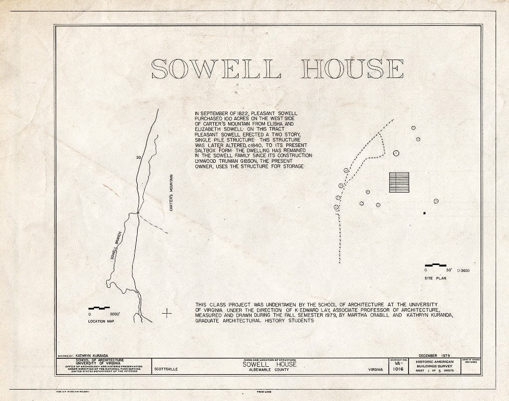 Blueprint HABS VA,2-Scots,5- (Sheet 1 of 5) - Sowell House, State Route 20, Scottsville, Albemarle County, VA