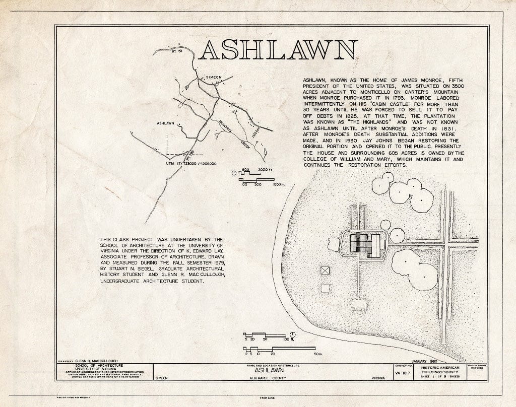 Blueprint HABS VA,2-SIM,1- (Sheet 1 of 9) - Ashlawn, Simeon, Albemarle County, VA