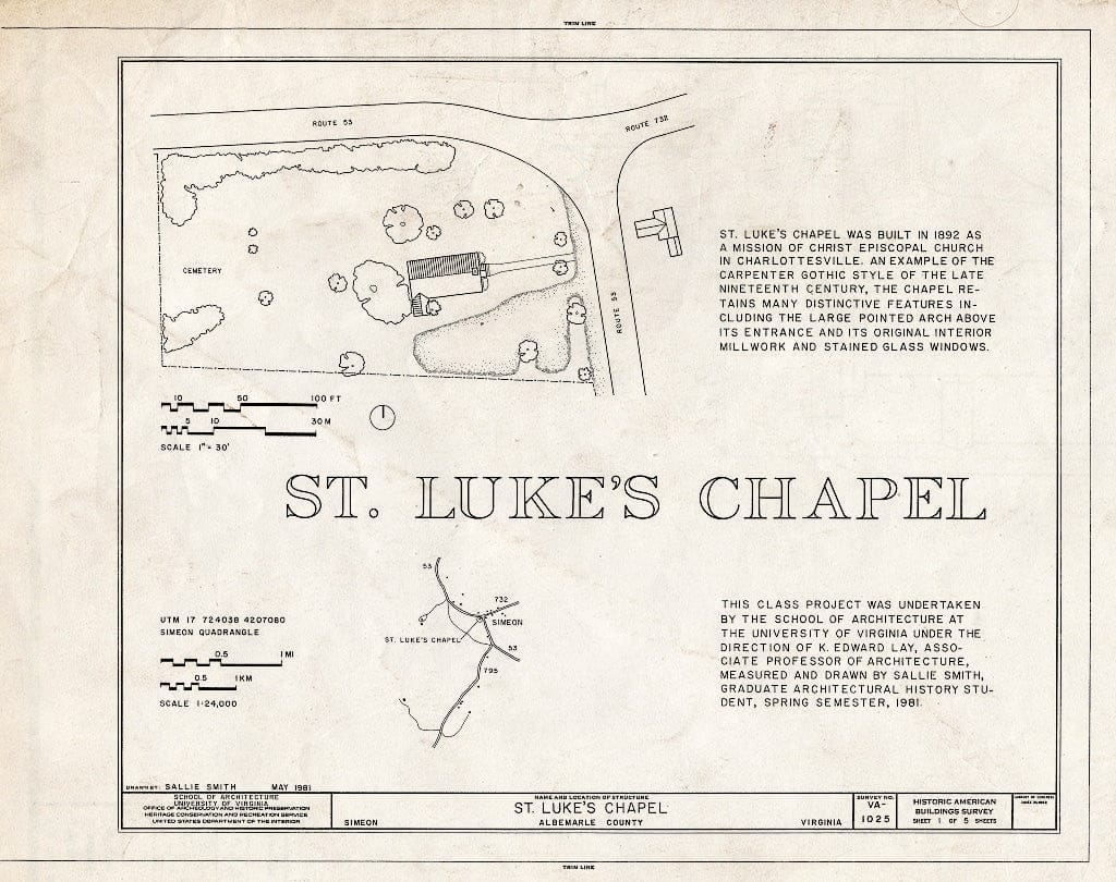 Blueprint HABS VA,2-SIM,2- (Sheet 1 of 5) - St. Luke's Chapel, State Route 53 & State Route 732, Simeon, Albemarle County, VA