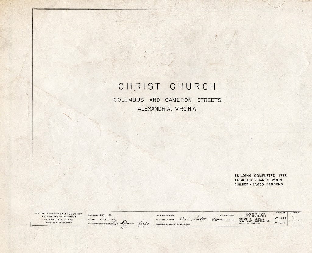 Blueprint HABS VA,7-Alex,2- (Sheet 0 of 13) - Christ Church (Episcopal), Columbus & Cameron Streets, Alexandria, Independent City, VA