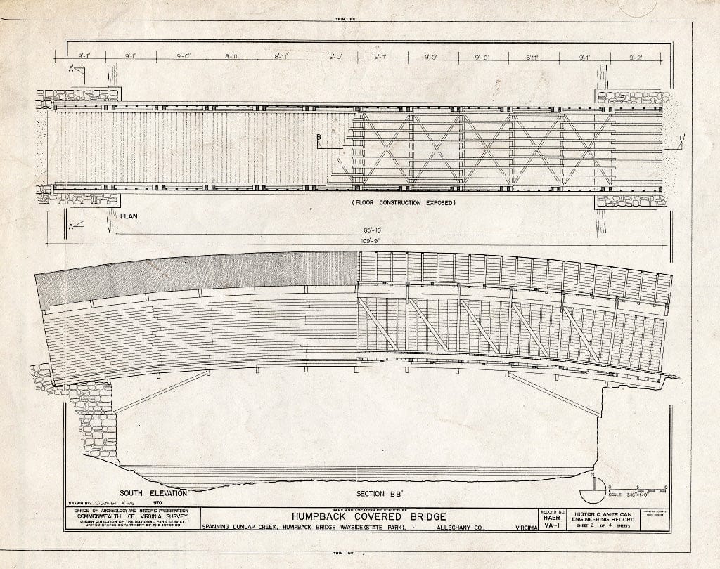 Blueprint Plan; South Elevation, Section B-B - Humpback Covered Bridge, Humpback Bridge Wayside Park, Spanning Dunlap Creek, Covington, Covington, VA