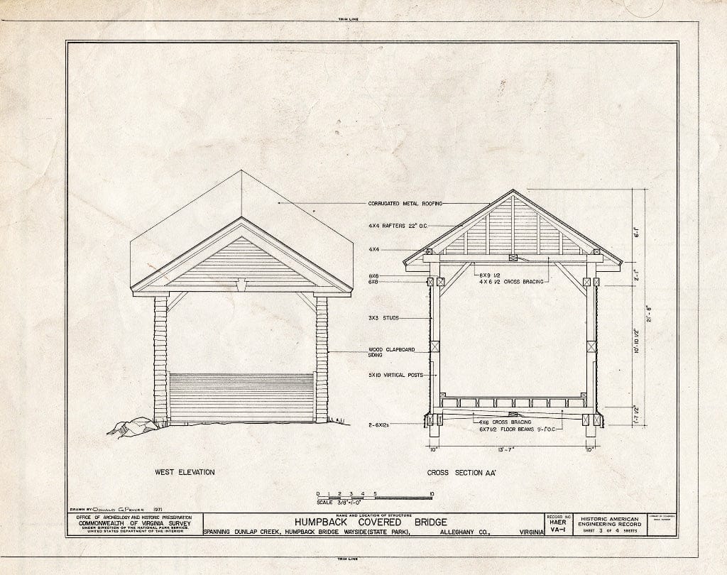 Blueprint West Elevation; Cross Section A-A - Humpback Covered Bridge, Humpback Bridge Wayside Park, Spanning Dunlap Creek, Covington, Covington, VA