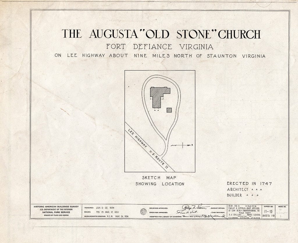 Blueprint HABS VA,8-FORDEF,1- (Sheet 0 of 9) - Old Stone Church, U.S. Route 11, Fort Defiance, Augusta County, VA