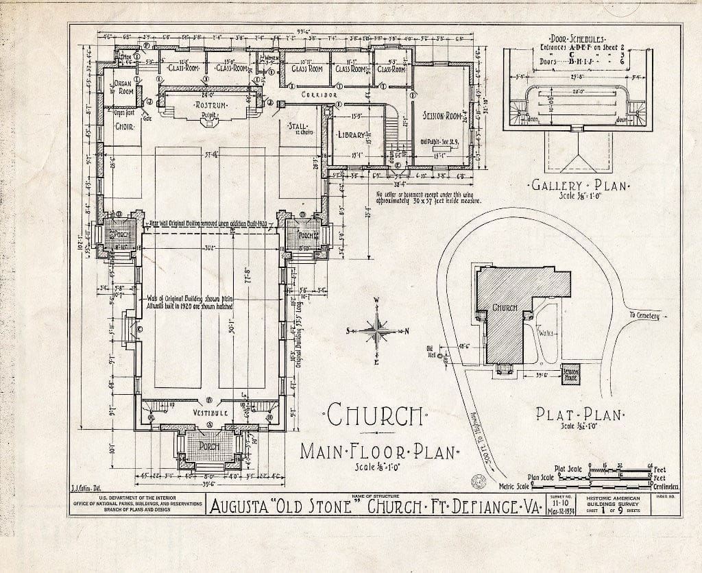 Blueprint HABS VA,8-FORDEF,1- (Sheet 1 of 9) - Old Stone Church, U.S. Route 11, Fort Defiance, Augusta County, VA