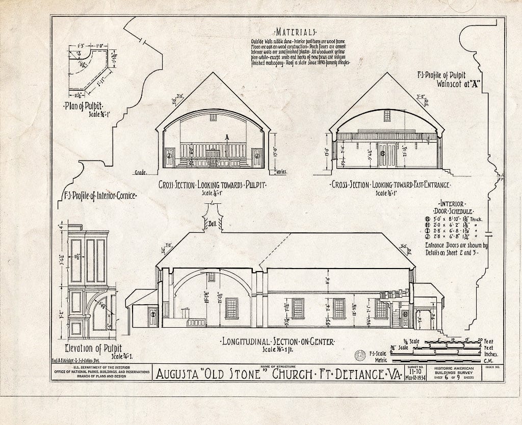 Blueprint HABS VA,8-FORDEF,1- (Sheet 6 of 9) - Old Stone Church, U.S. Route 11, Fort Defiance, Augusta County, VA