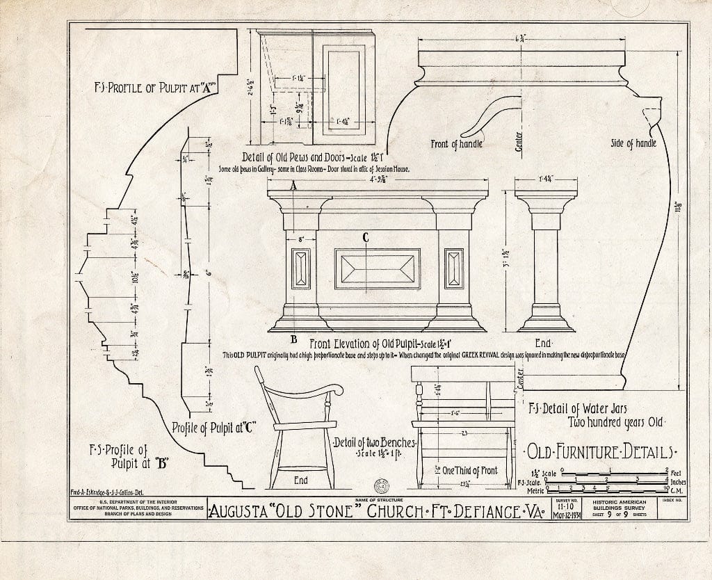 Blueprint HABS VA,8-FORDEF,1- (Sheet 9 of 9) - Old Stone Church, U.S. Route 11, Fort Defiance, Augusta County, VA