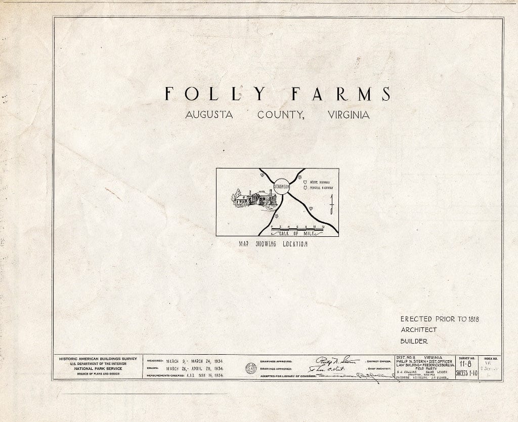 Blueprint HABS VA,8-STAU.V,1- (Sheet 0 of 10) - Folly Farm, Folly Mills Creek, Staunton, Staunton, VA