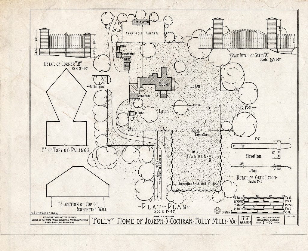 Blueprint HABS VA,8-STAU.V,1- (Sheet 1 of 10) - Folly Farm, Folly Mills Creek, Staunton, Staunton, VA