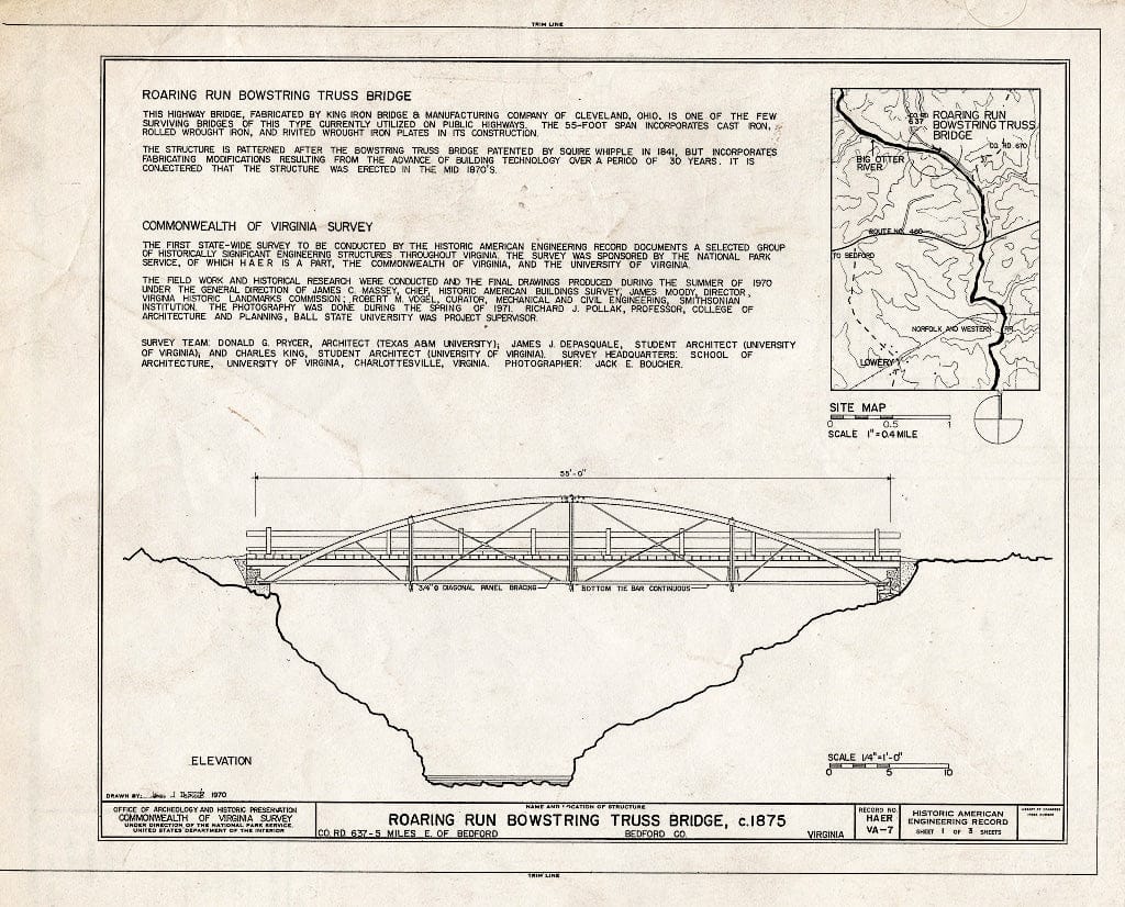 Blueprint HAER VA,10-Bed.V,2- (Sheet 1 of 3) - Roaring Run Bowstring Truss Bridge, Spanning Roaring Run, State Route 657, Bedford, Bedford City, VA