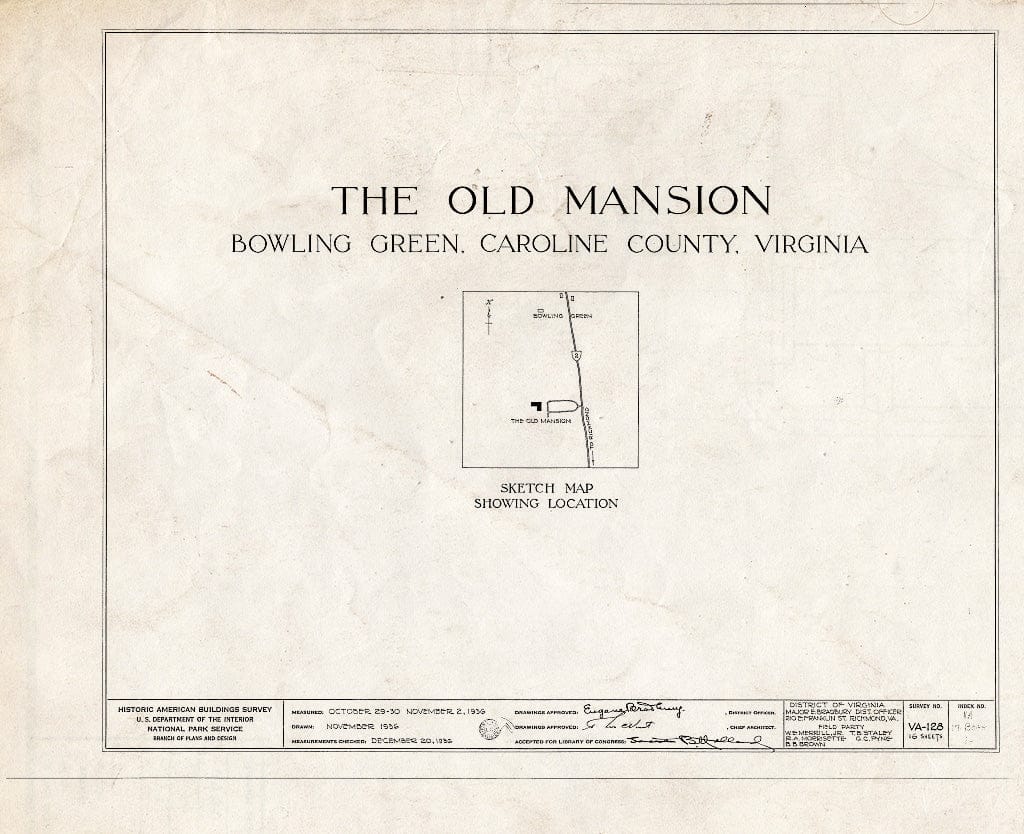 Blueprint HABS VA,17-BOGR,1- (Sheet 0 of 16) - Old Mansion, State Route 2 Vicinity, Bowling Green, Caroline County, VA