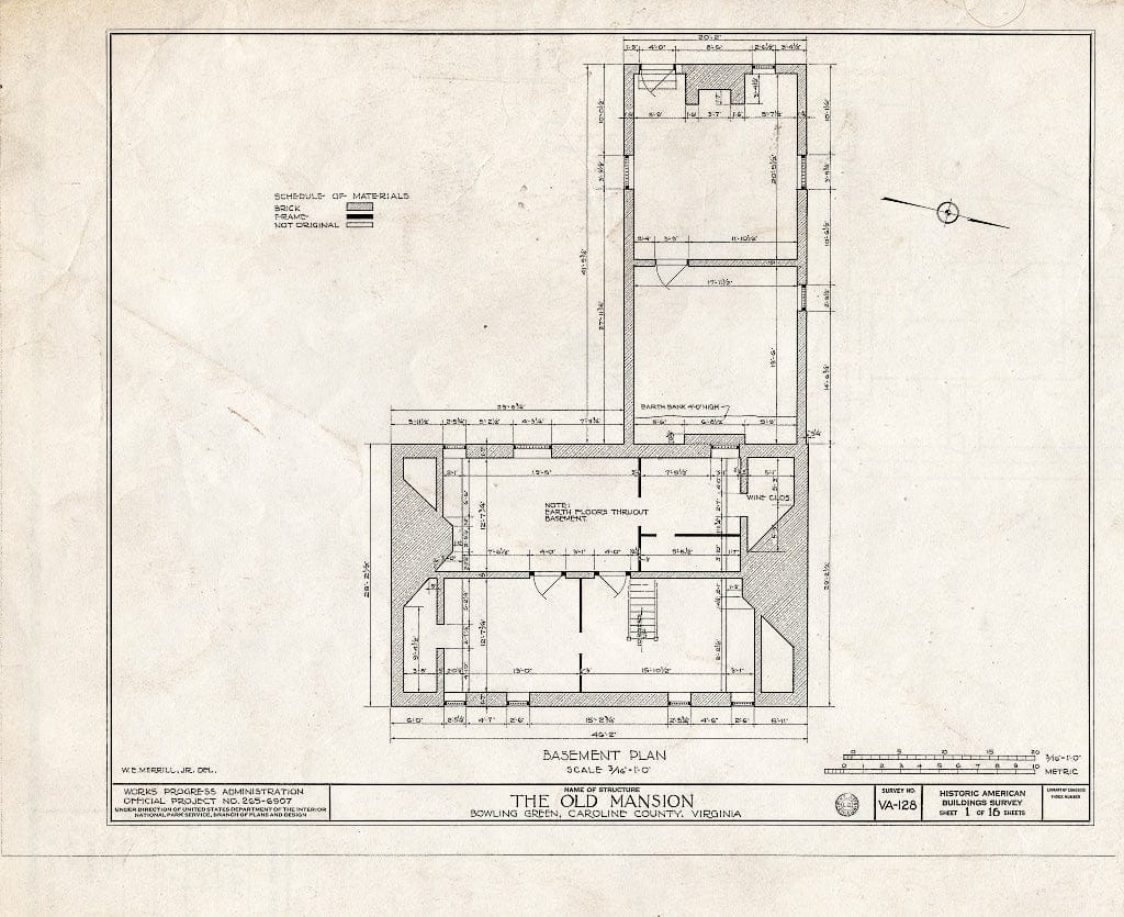 Blueprint HABS VA,17-BOGR,1- (Sheet 1 of 16) - Old Mansion, State Route 2 Vicinity, Bowling Green, Caroline County, VA