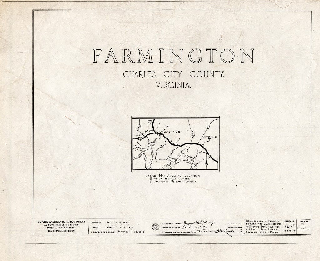 Blueprint HABS VA,19-Charc.V,2- (Sheet 0 of 11) - Farmington, Morris Creek Vicinity, Charles City, Charles City, VA
