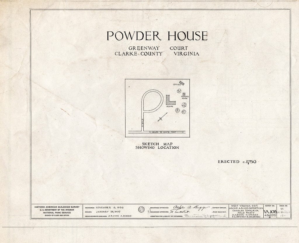 Blueprint HABS VA,22-WHIPO.V,1B- (Sheet 0 of 4) - Greenway Court, Powder House, State Route 658 Vicinity, White Post, Clarke County, VA