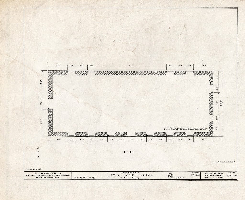 Blueprint HABS VA,24-,1- (Sheet 1 of 3) - Little Fork Church, State Routes 624 & 627, Brandy Station, Culpeper County, VA