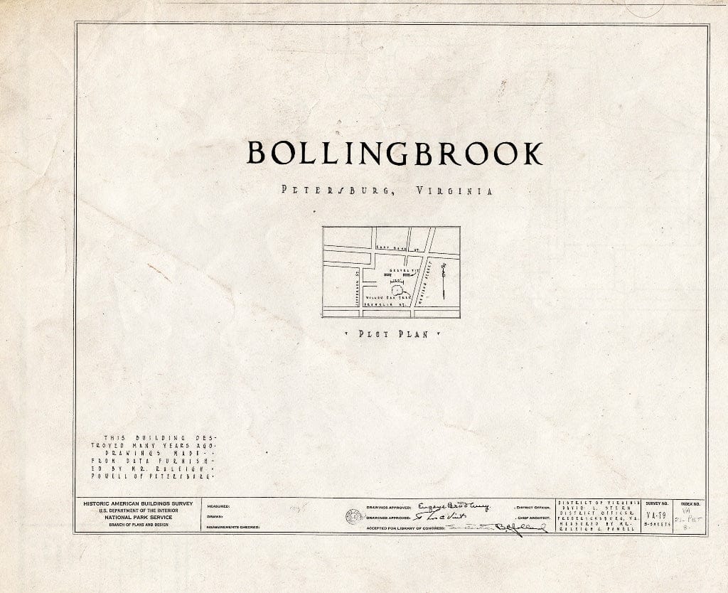 Blueprint HABS VA,27-PET,8- (Sheet 0 of 5) - Bollingbrook, Franklin, Madison & Jefferson Streets Vicinity, Petersburg, Petersburg, VA