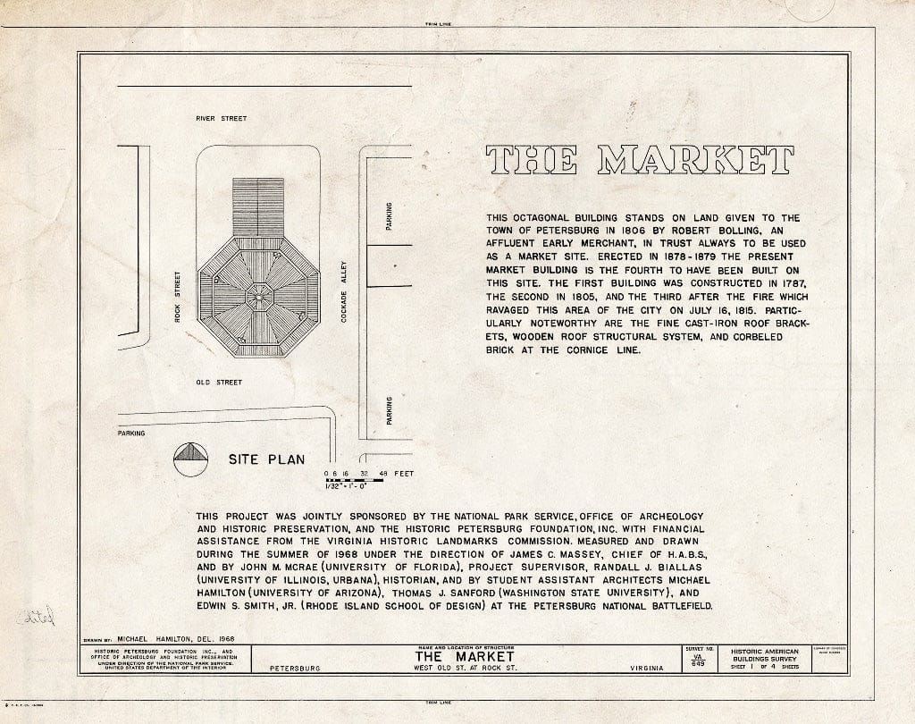 Blueprint HABS VA,27-PET,26- (Sheet 1 of 4) - Old Farmers' Market, West Old & Rock Streets, Petersburg, Petersburg, VA