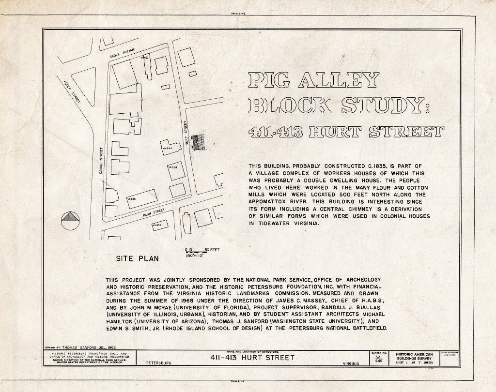Blueprint HABS VA,27-PET,23B- (Sheet 1 of 7) - Pig Alley Block Study, 411-413 Hurt Street (Double House), Petersburg, Petersburg, VA