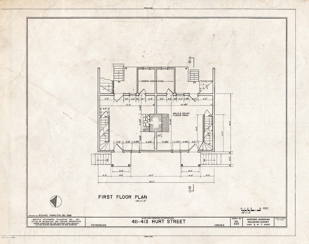 Blueprint HABS VA,27-PET,23B- (Sheet 3 of 7) - Pig Alley Block Study, 411-413 Hurt Street (Double House), Petersburg, Petersburg, VA