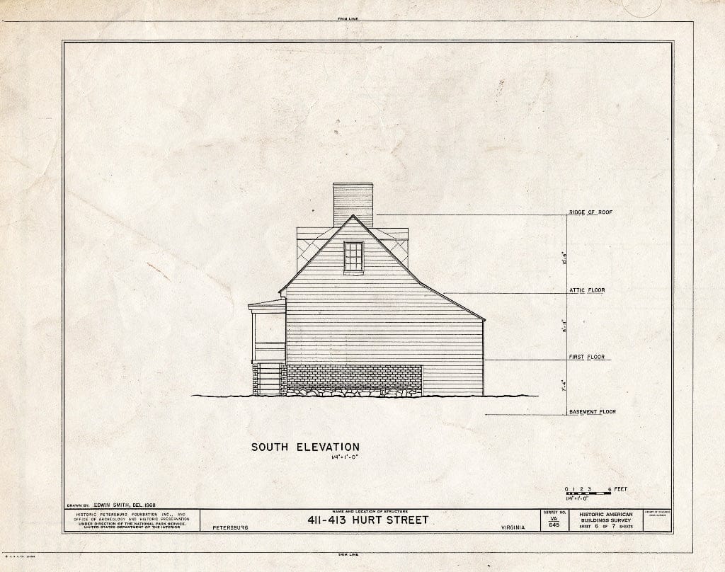 Blueprint HABS VA,27-PET,23B- (Sheet 6 of 7) - Pig Alley Block Study, 411-413 Hurt Street (Double House), Petersburg, Petersburg, VA
