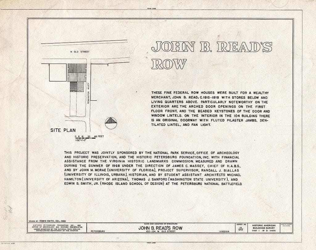Blueprint HABS VA,27-PET,5- (Sheet 1 of 9) - John B. Read's Row, 102-104 West Old Street, Petersburg, Petersburg, VA