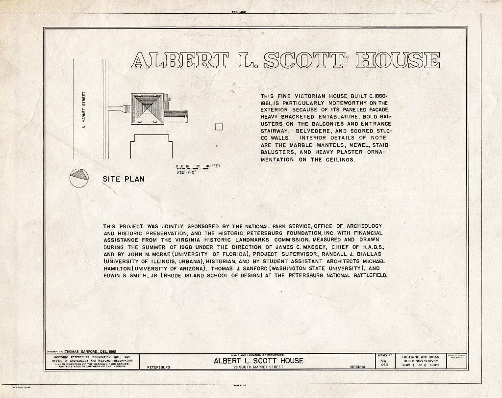Blueprint HABS VA,27-PET,25- (Sheet 1 of 8) - Albert L. Scott House, 29 South Market Street, Petersburg, Petersburg, VA