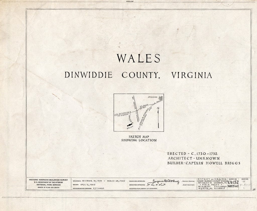 Blueprint HABS VA,27-PET.V,1- (Sheet 0 of 17) - Wales, U.S. Route 460 Vicinity, Petersburg, Petersburg, VA