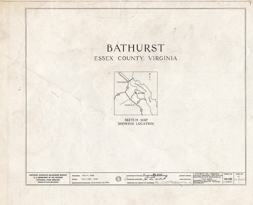 Blueprint HABS VA,29-DUNV.V,1- (Sheet 0 of 11) - Bathurst, Piscataway Creek, Dunnsville, Essex County, VA