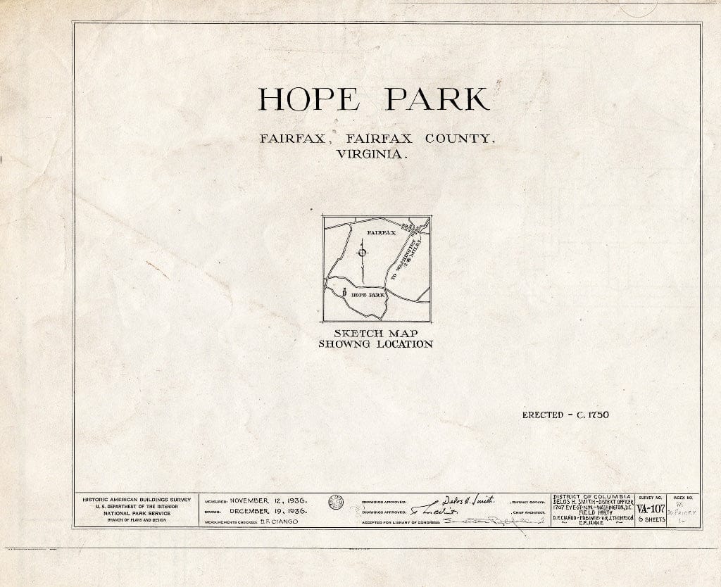 Blueprint HABS VA,30-FAIRF.V,1- (Sheet 0 of 6) - Hope Park, 11807 Pope's Head Road, Fairfax, Fairfax City, VA