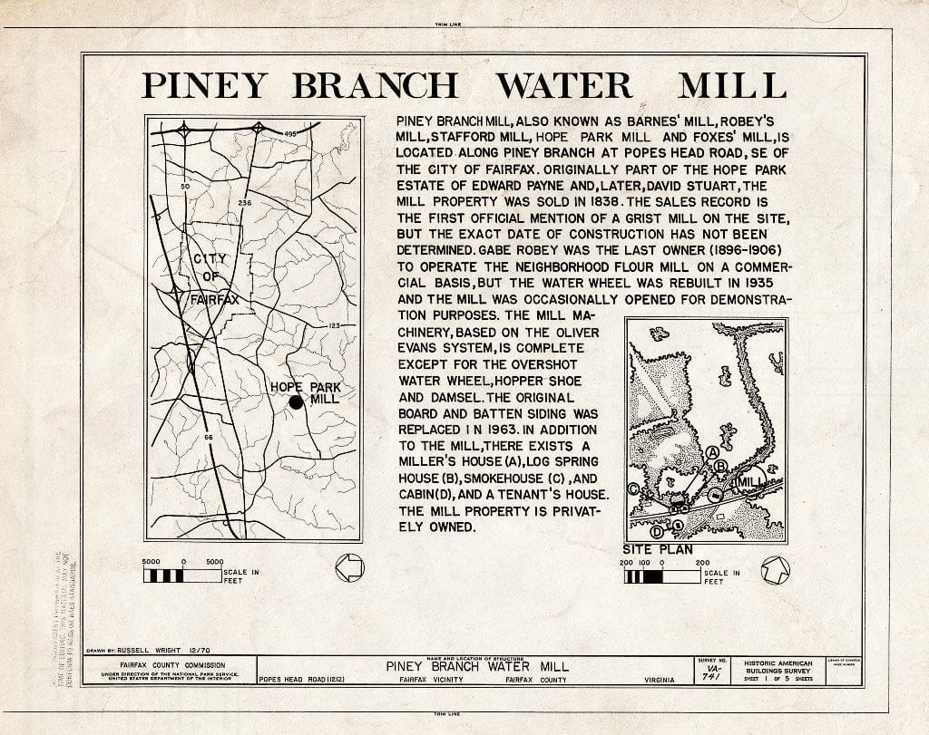 Blueprint HABS VA,30-FAIRF,1- (Sheet 1 of 5) - Piney Branch Water Mill, 12124 Pope's Head Road (Changed from 1212 Pope's Head Road), Fairfax, Fairfax City, VA