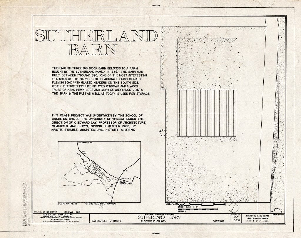 Blueprint HABS VA,2-BATE.V,1- (Sheet 1 of 7) - Sutherland Barn, State Route 692, Batesville, Albemarle County, VA