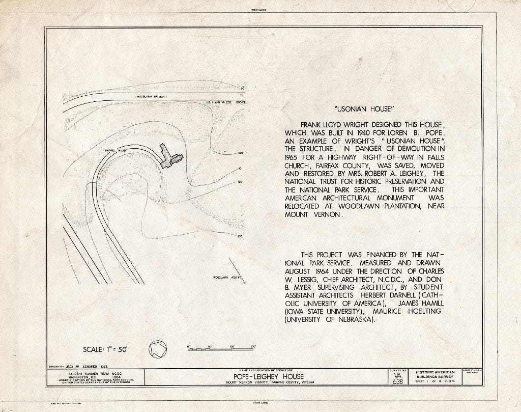 Blueprint HABS VA,30-FALCH,2- (Sheet 1 of 9) - Pope-Leighey House, 9000 Richmond Highway (Moved from Falls Church, VA), Mount Vernon, Fairfax County, VA