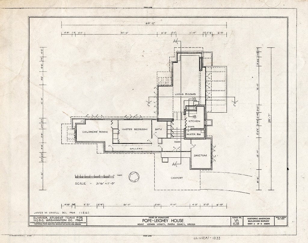 Blueprint HABS VA,30-FALCH,2- (Sheet 2 of 9) - Pope-Leighey House, 9000 Richmond Highway (Moved from Falls Church, VA), Mount Vernon, Fairfax County, VA