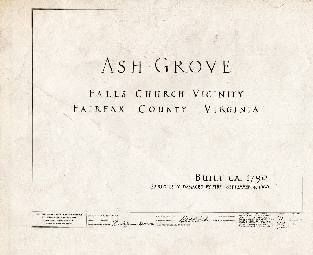 Blueprint HABS VA,30-FALCH.V,2- (Sheet 0 of 16) - Ash Grove, 8900 Ash Grove Lane, Vienna, Fairfax County, VA