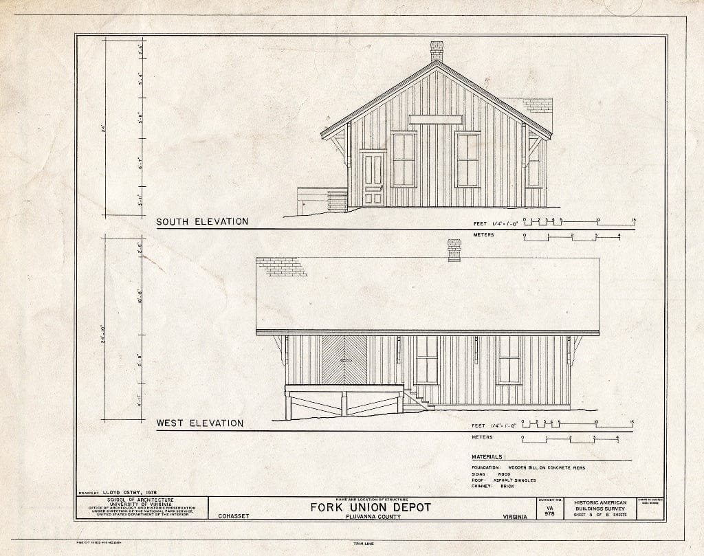 Blueprint South and west elevations - Fork Union Depot, State Route 6, Cohasset, Fluvanna County, VA