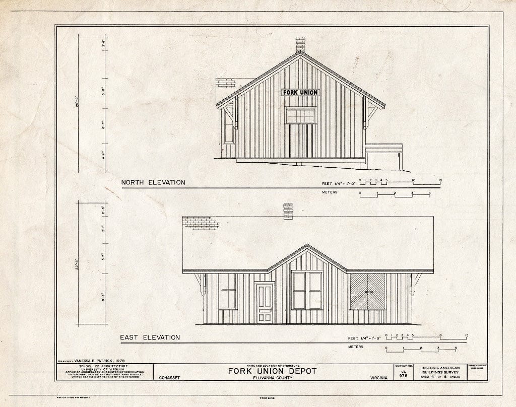 Blueprint North and East elevations - Fork Union Depot, State Route 6, Cohasset, Fluvanna County, VA